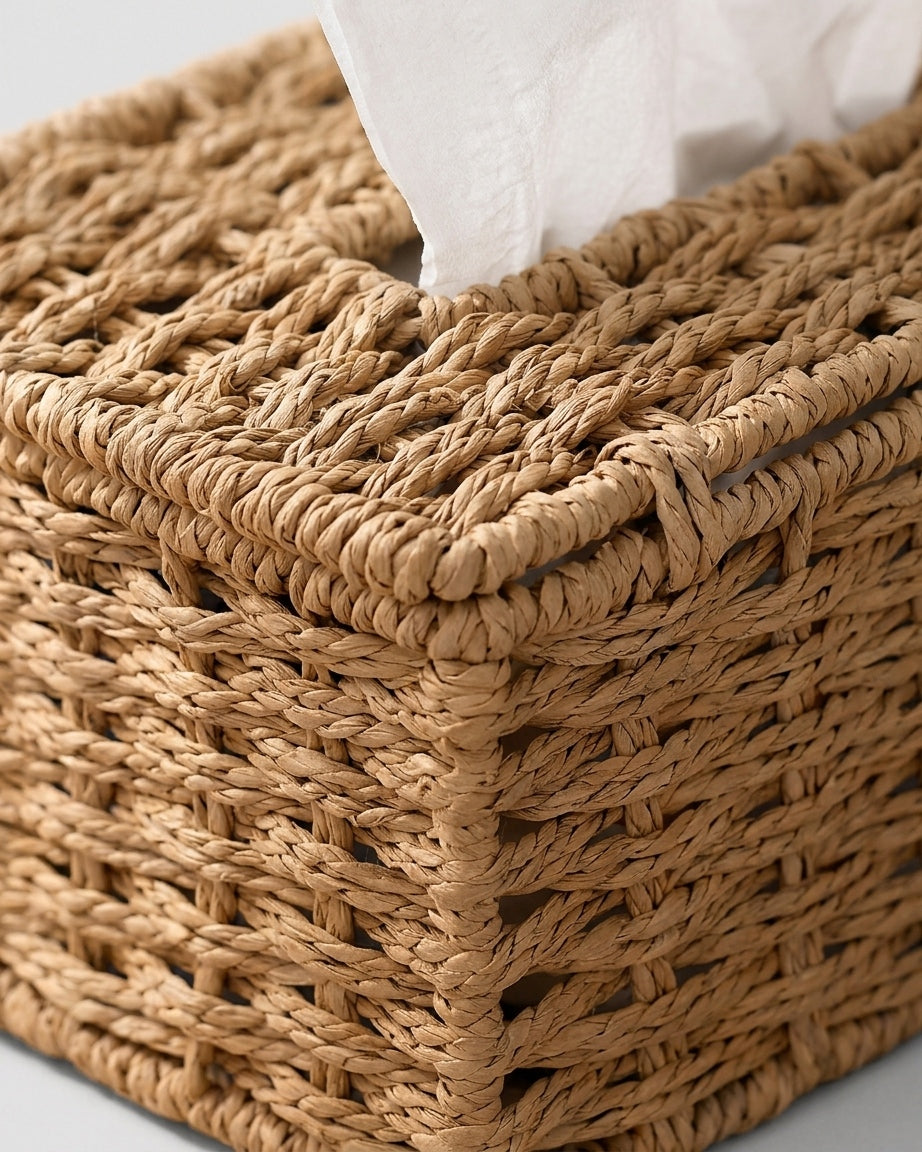 Close-up of Ragnhild tissue box cover’s handwoven paper rope texture and reinforced corner