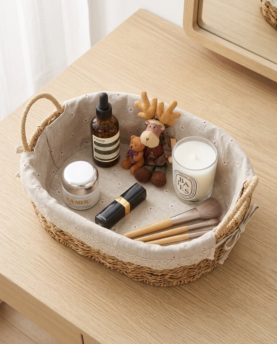 Rakel paper rope storage basket holding skincare, makeup and small items on a bedroom vanity