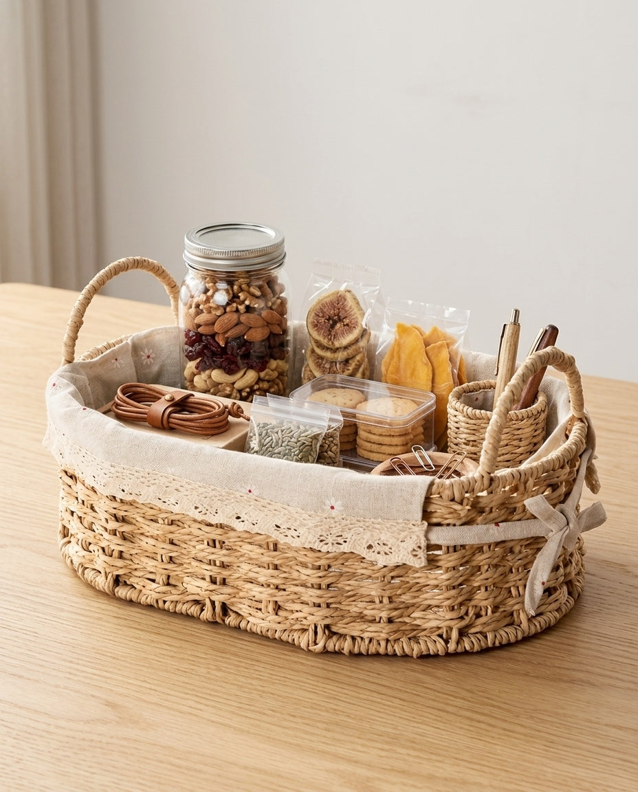 Rakel lined paper rope basket organising remotes, cables and small essentials in a living room
