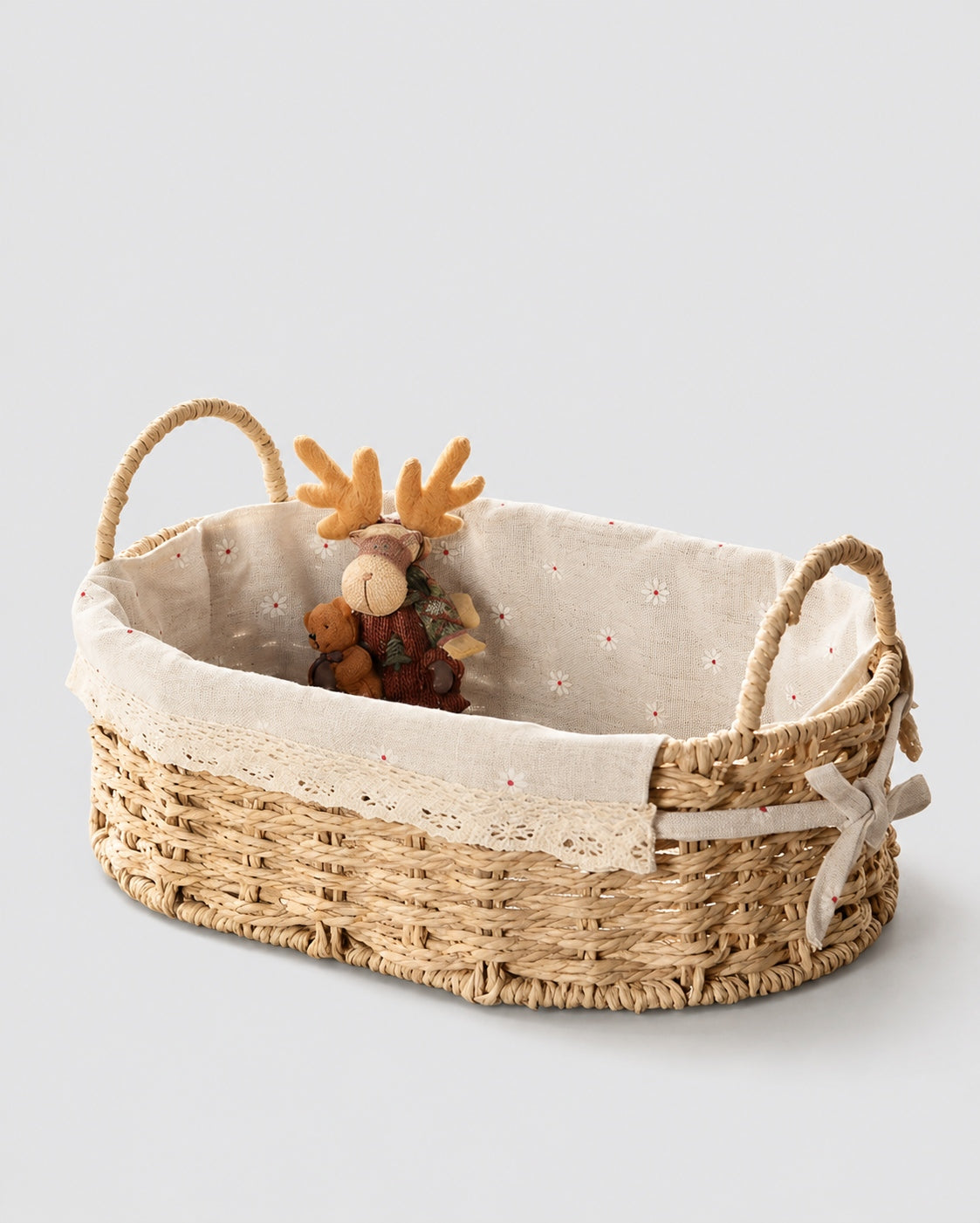Rakel paper rope desk storage basket with daisy lining, lace trim and loop handles