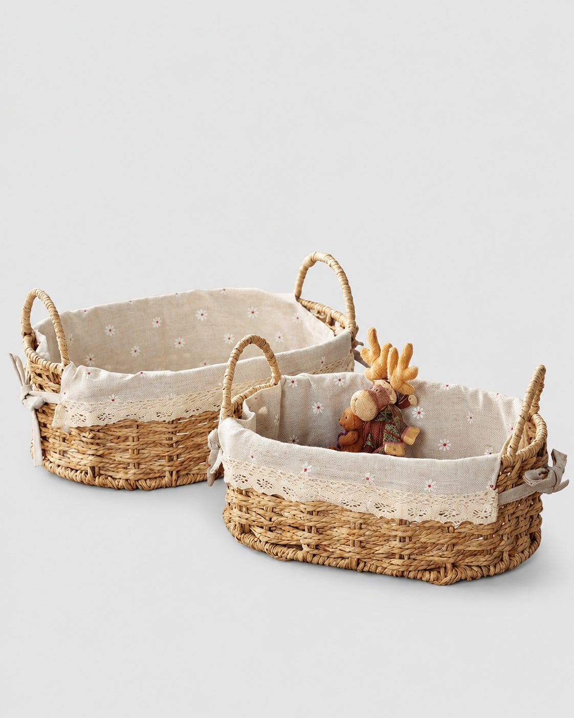 Rakel paper rope storage baskets in Medium and Large with floral lining and loop handles