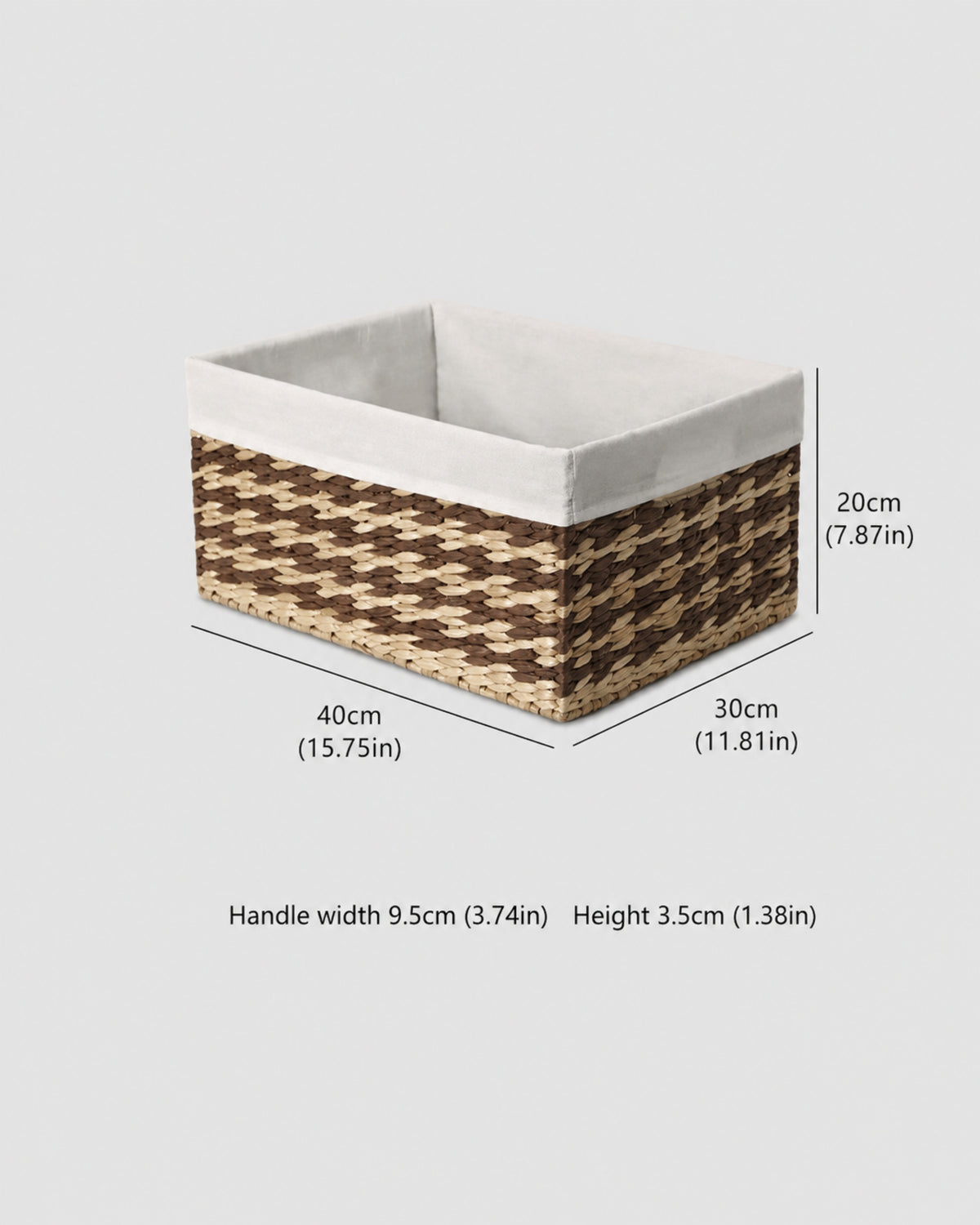 Large Sofia two-tone woven storage basket size guide: 40 by 30 by 20 cm