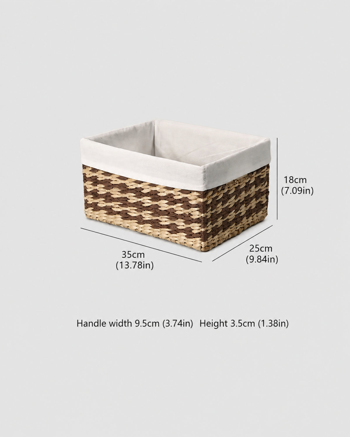 Medium Sofia two-tone woven storage basket size guide: 35 by 25 by 18 cm