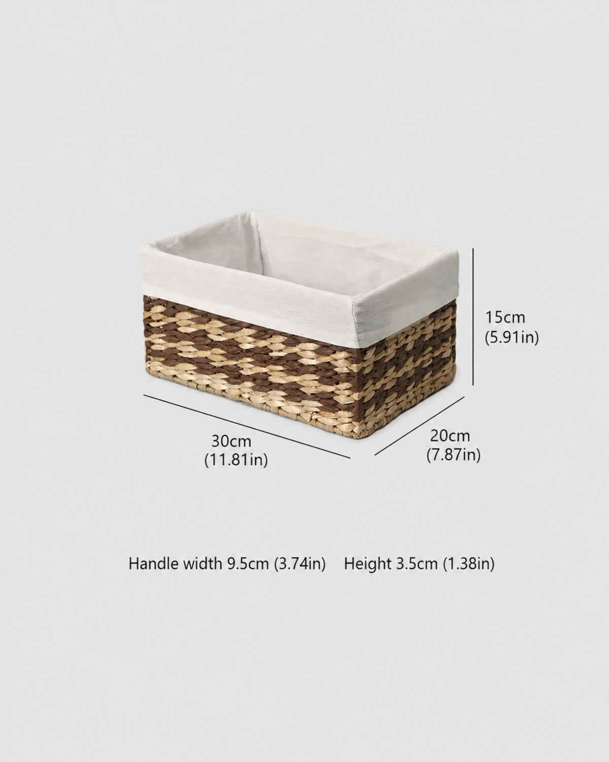 Small Sofia two-tone woven storage basket size guide: 30 by 20 by 15 cm