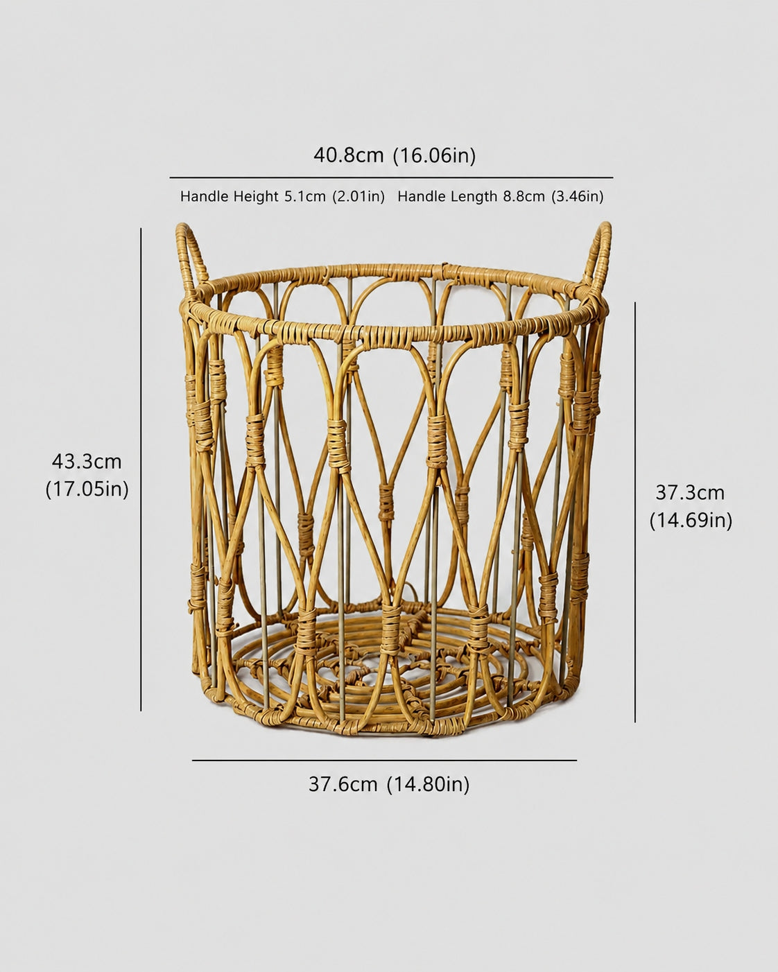 Large Thea faux rattan open-weave laundry basket size guide: top 40.8 cm and body height 37.3 cm