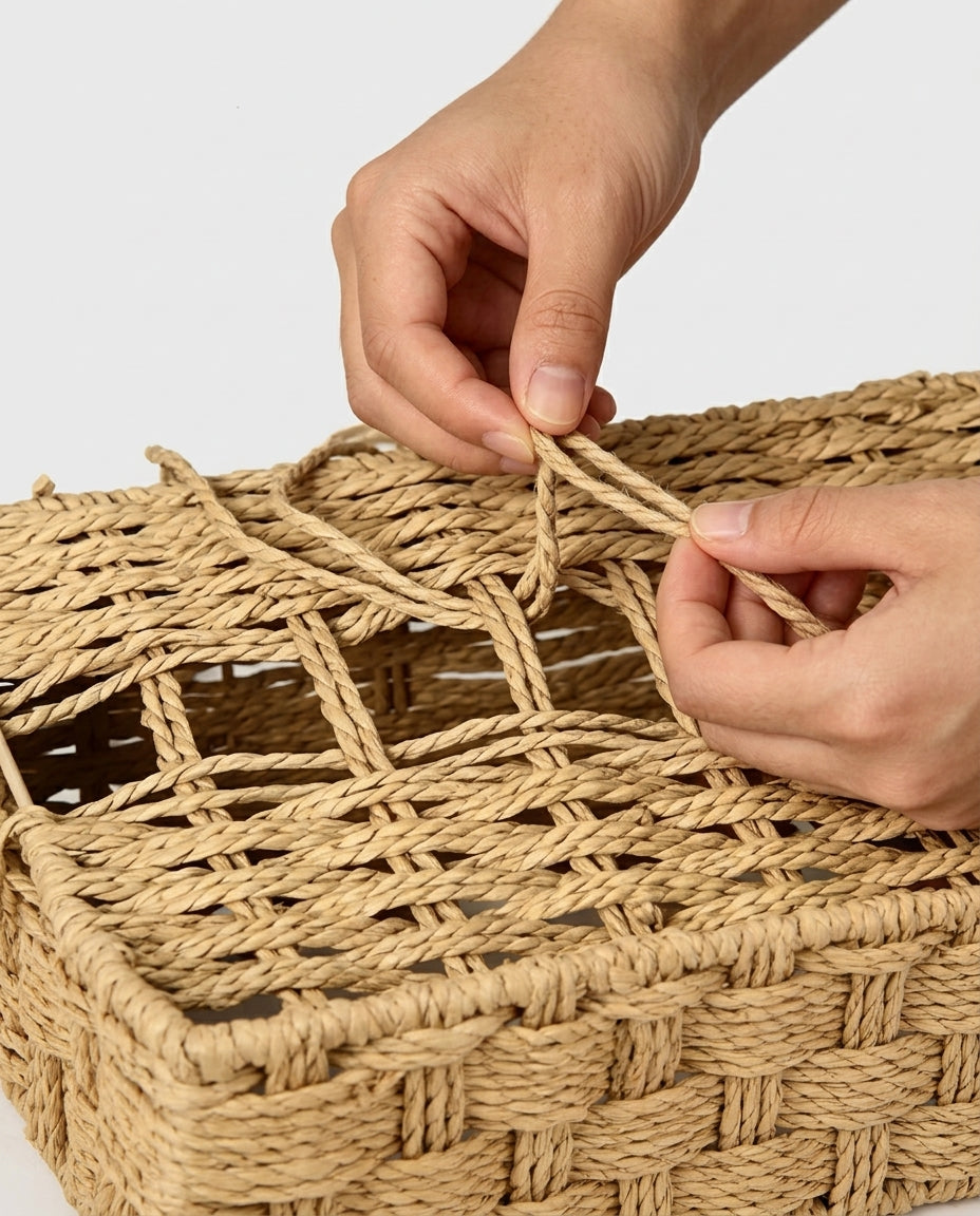 Hands weaving paper rope detail on the Tilda cosmetic storage basket