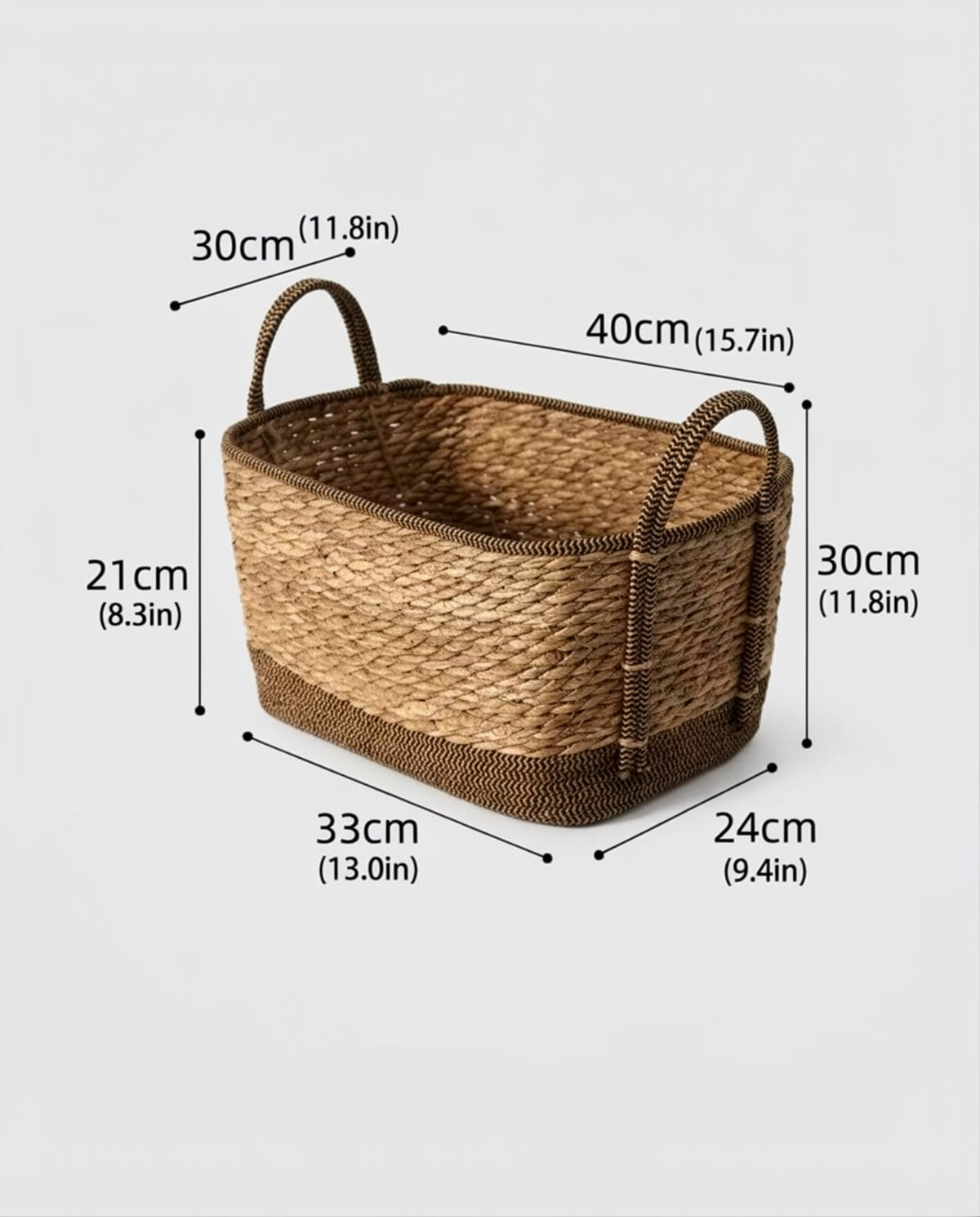 Large Vera grass woven clothes basket size guide: top 40 by 30 cm and body height 21 cm