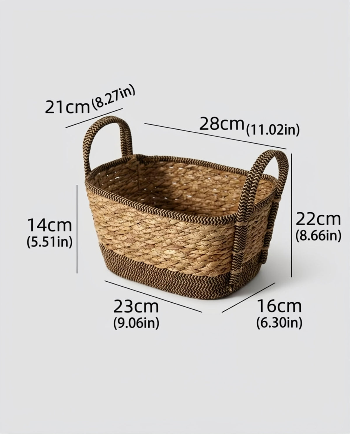 Small Vera grass woven clothes basket size guide: top 28 by 21 cm and body height 14 cm