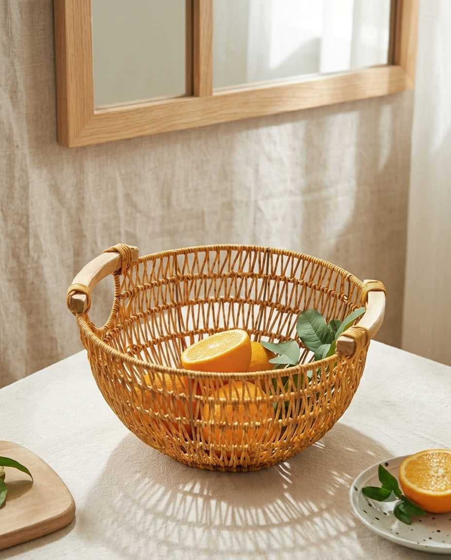 Viggo round faux rattan fruit basket holding oranges on a dining table