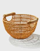 Viggo round faux rattan fruit basket with two wooden side handles