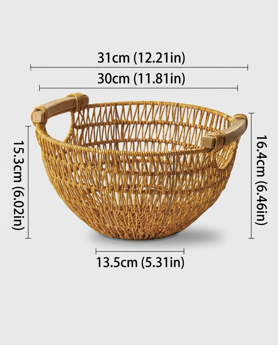 Large Viggo round faux rattan fruit basket size guide with handle and opening dimensions