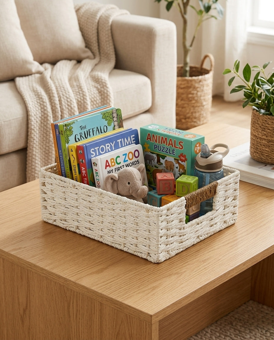 Minimalist white storage basket for bedroom accessories and household items
