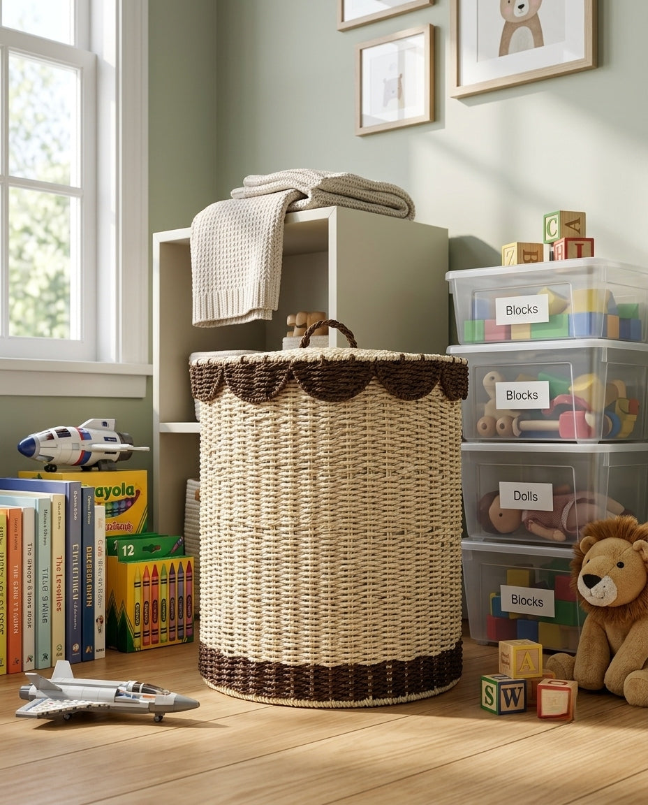 Natural woven laundry hamper for modern home organization