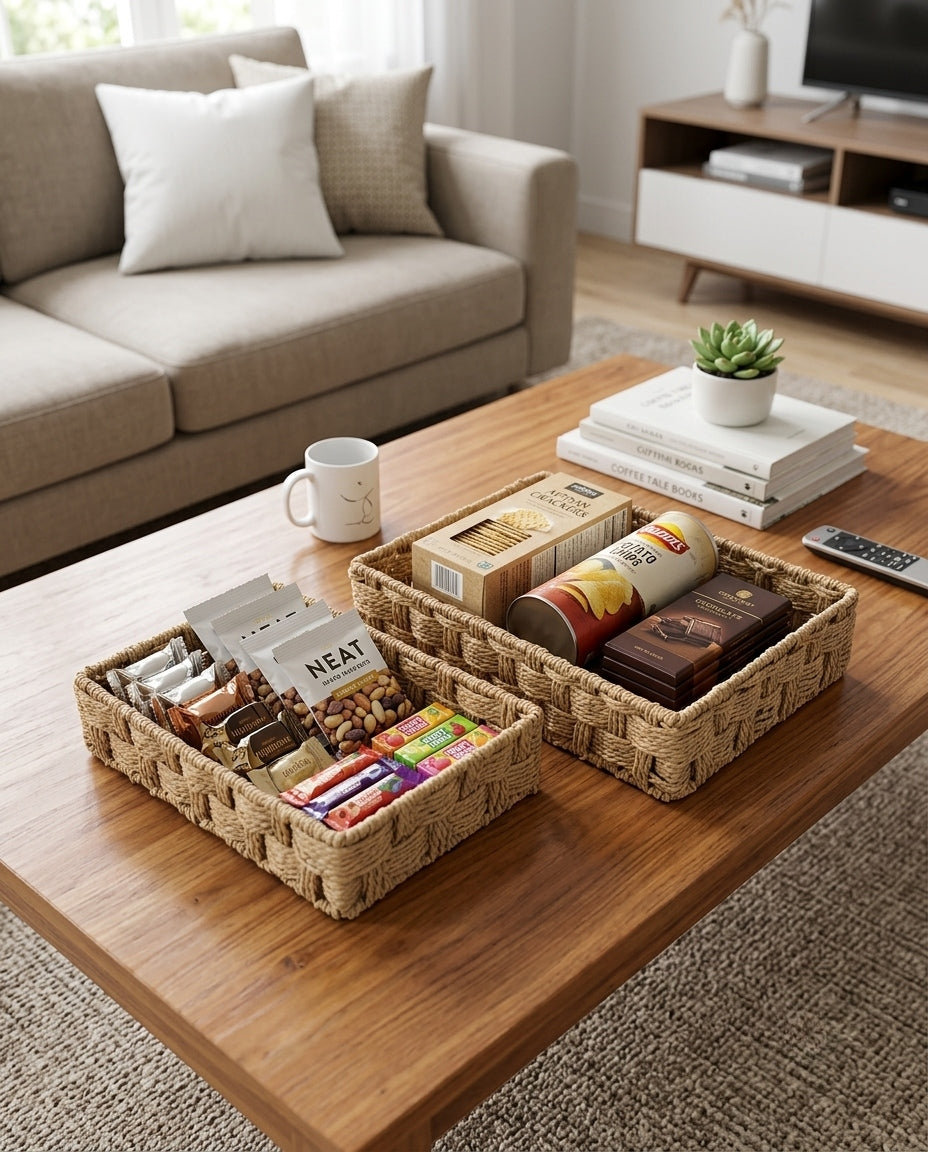 Woven basket for makeup and skincare storage in a modern home