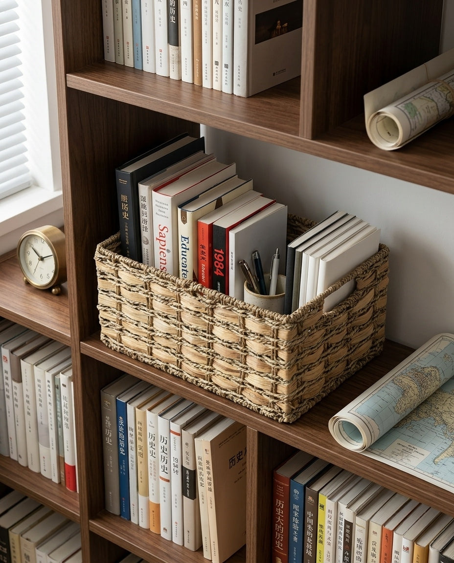 Natural woven organizer basket for shelf and bedroom storage