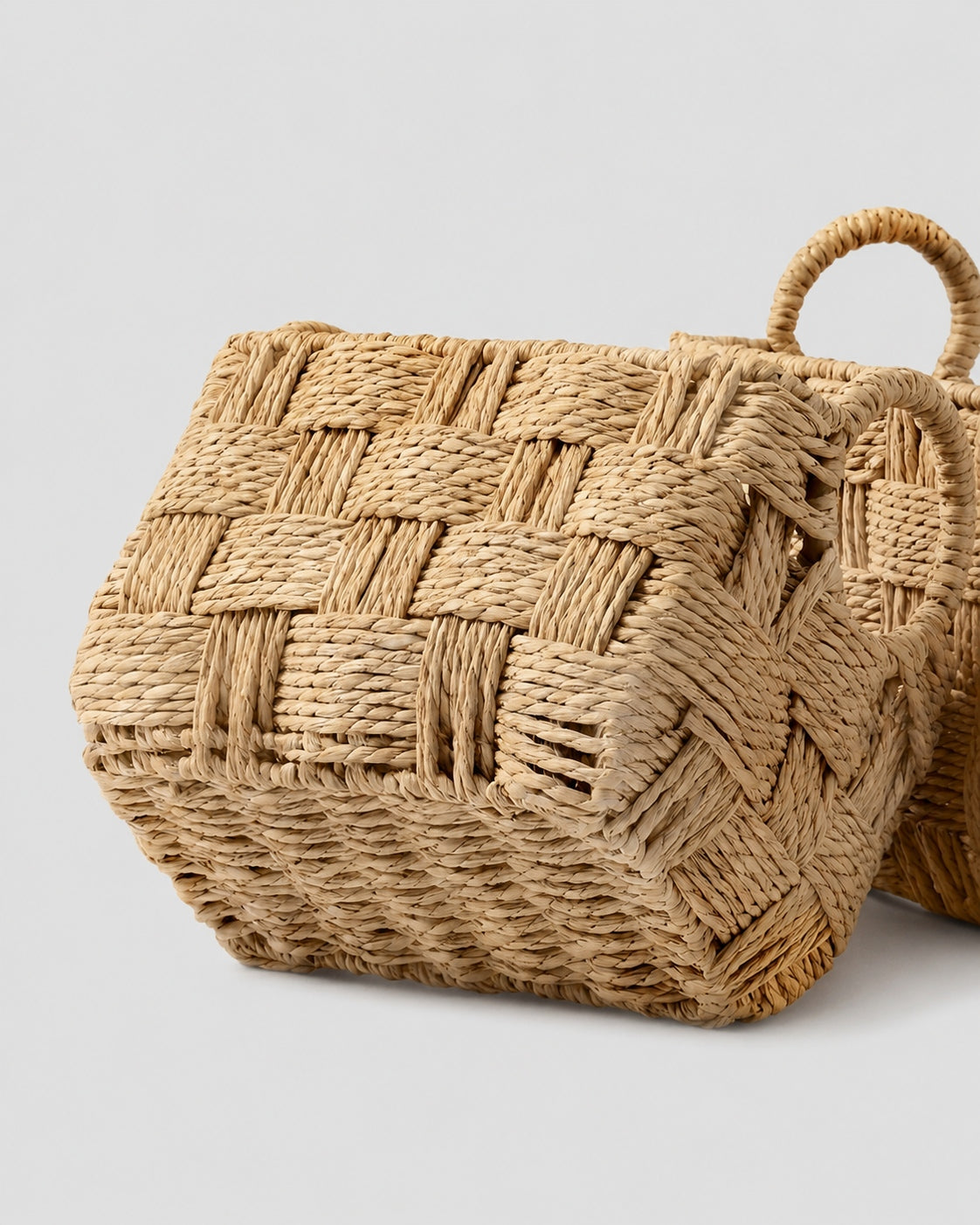 Side view of woven rope basket for home storage