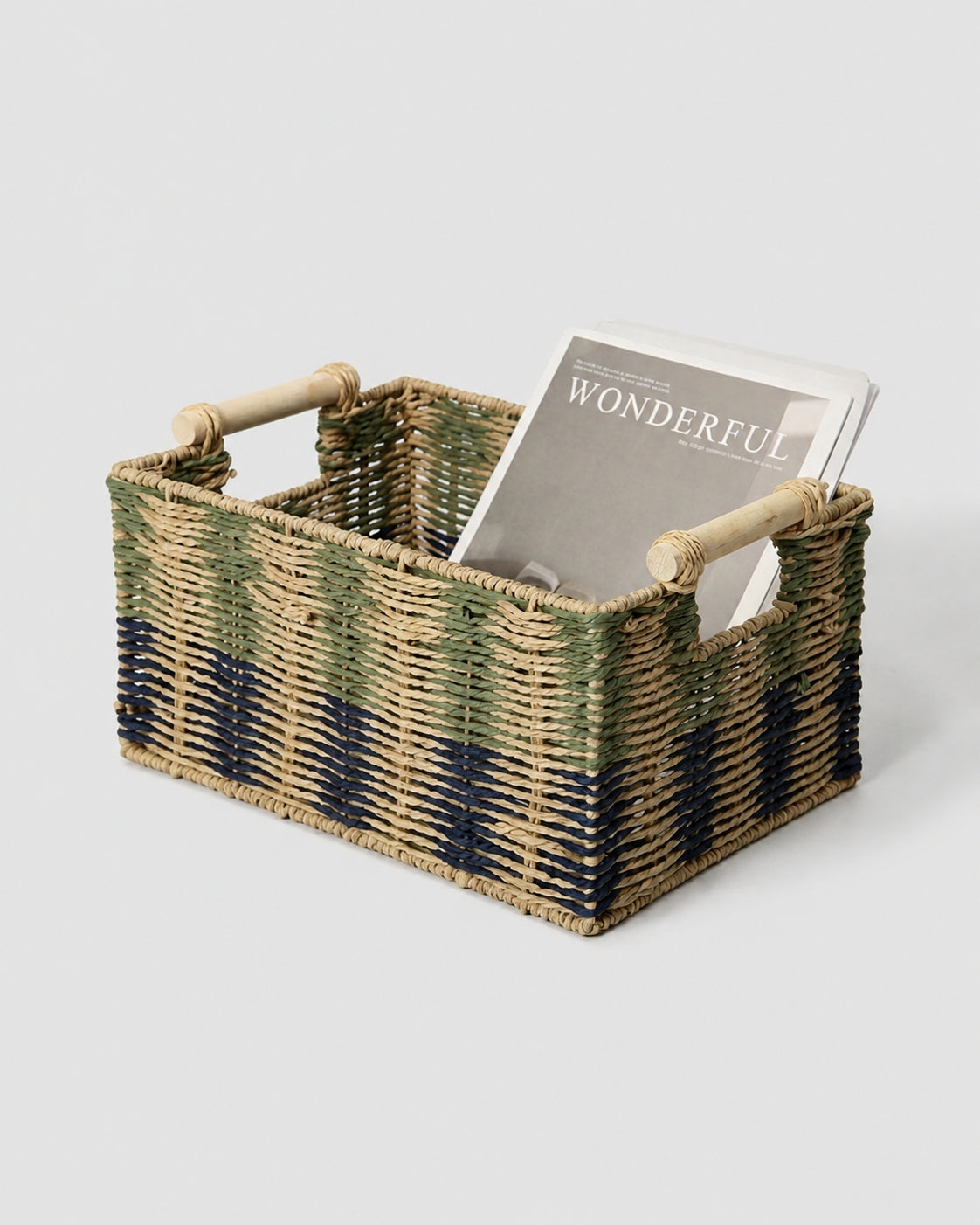 Woven rope storage basket with wooden handles for home organization